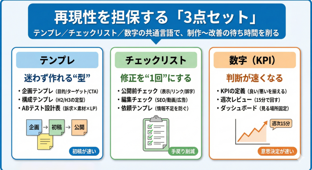 内製化でスピードを上げるテンプレ・チェックリスト・KPI共通言語の3点セット
