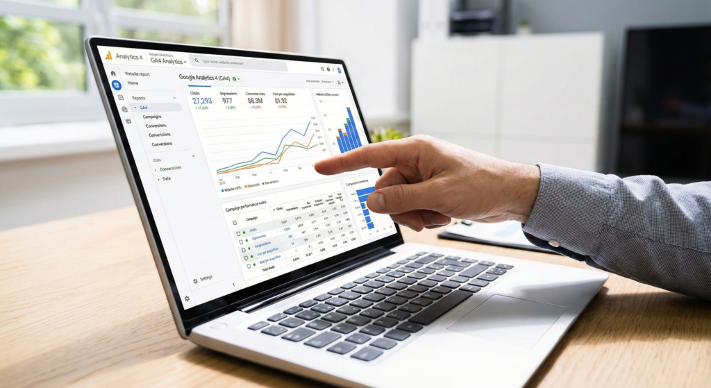 「GA4や広告管理画面のレポートグラフ」 を指差している手元の写真