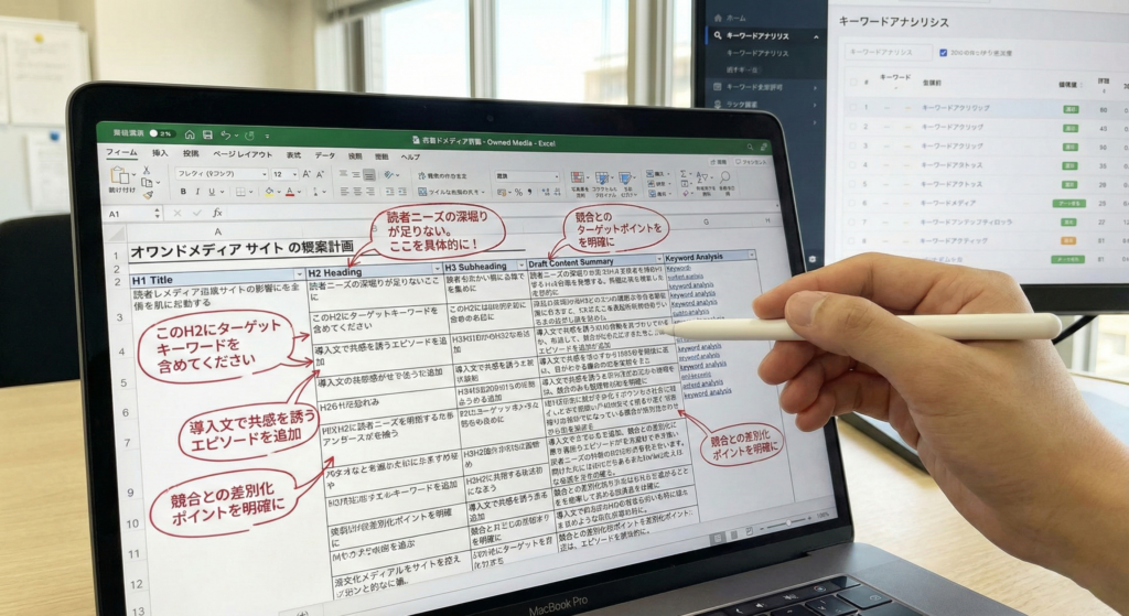 「記事構成案(マインドマップやExcel)にフィードバックのコメントが入っているイメージ図」