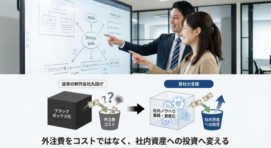 「従来の制作会社丸投げ(ブラックボックス化)」vs「貴社の支援(社内にノウハウ蓄積・資産化)」の対比図。