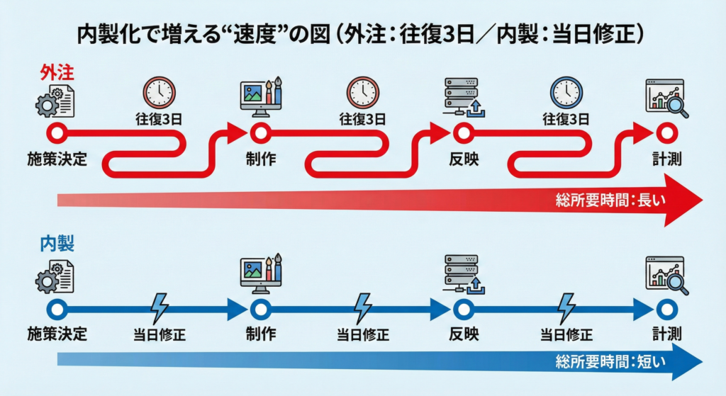 Webマーケティング内製化でPDCAが速くなる比較図