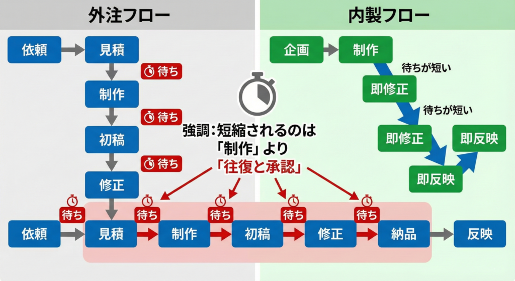外注は承認・修正の待ちが発生し、内製はその場で反映できる比較図